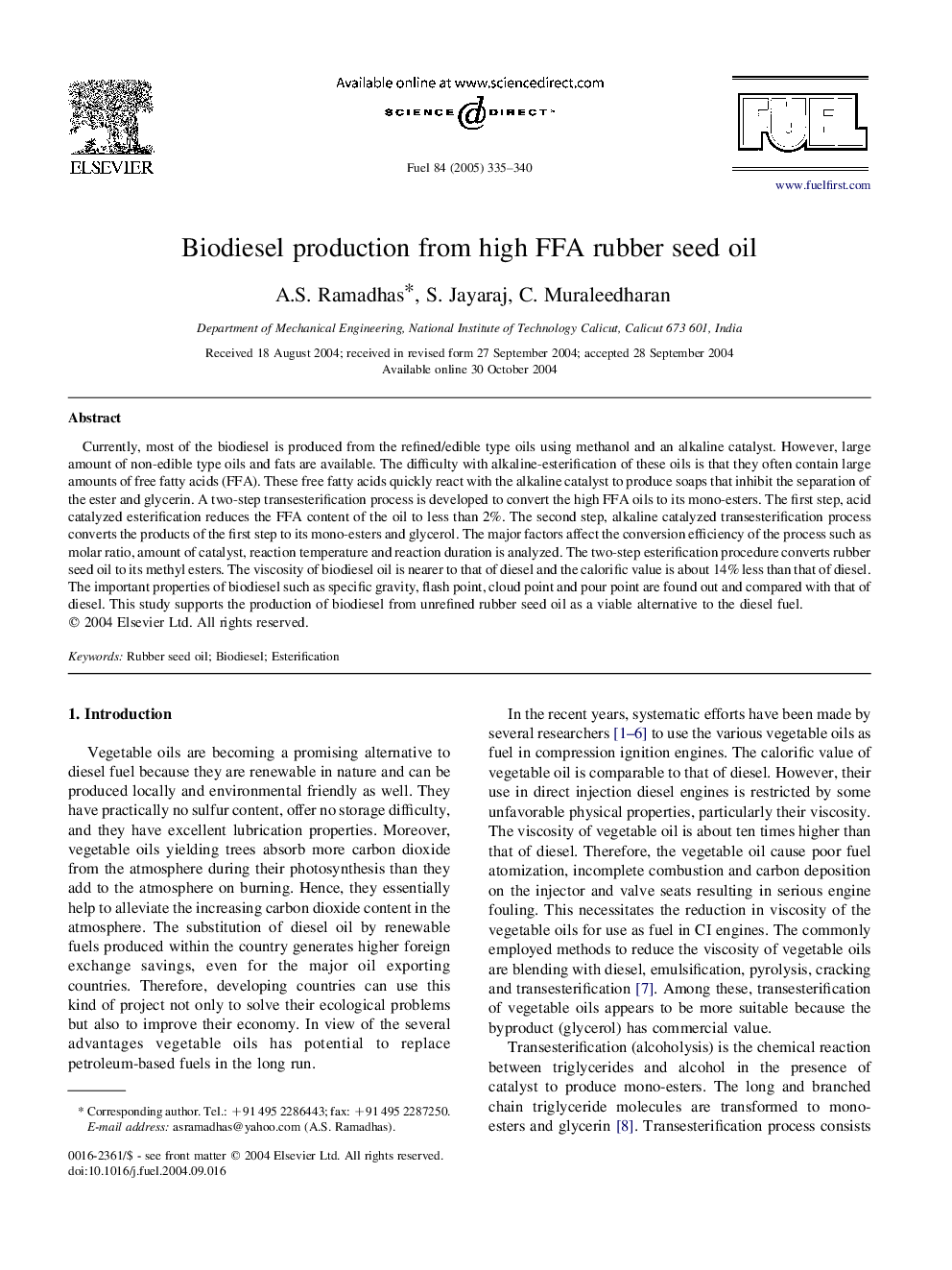 Biodiesel production from high FFA rubber seed oil