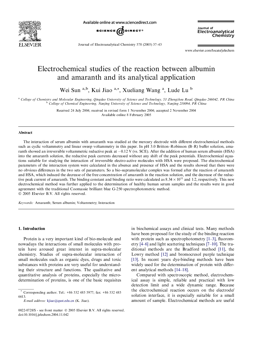 Electrochemical studies of the reaction between albumin and amaranth and its analytical application