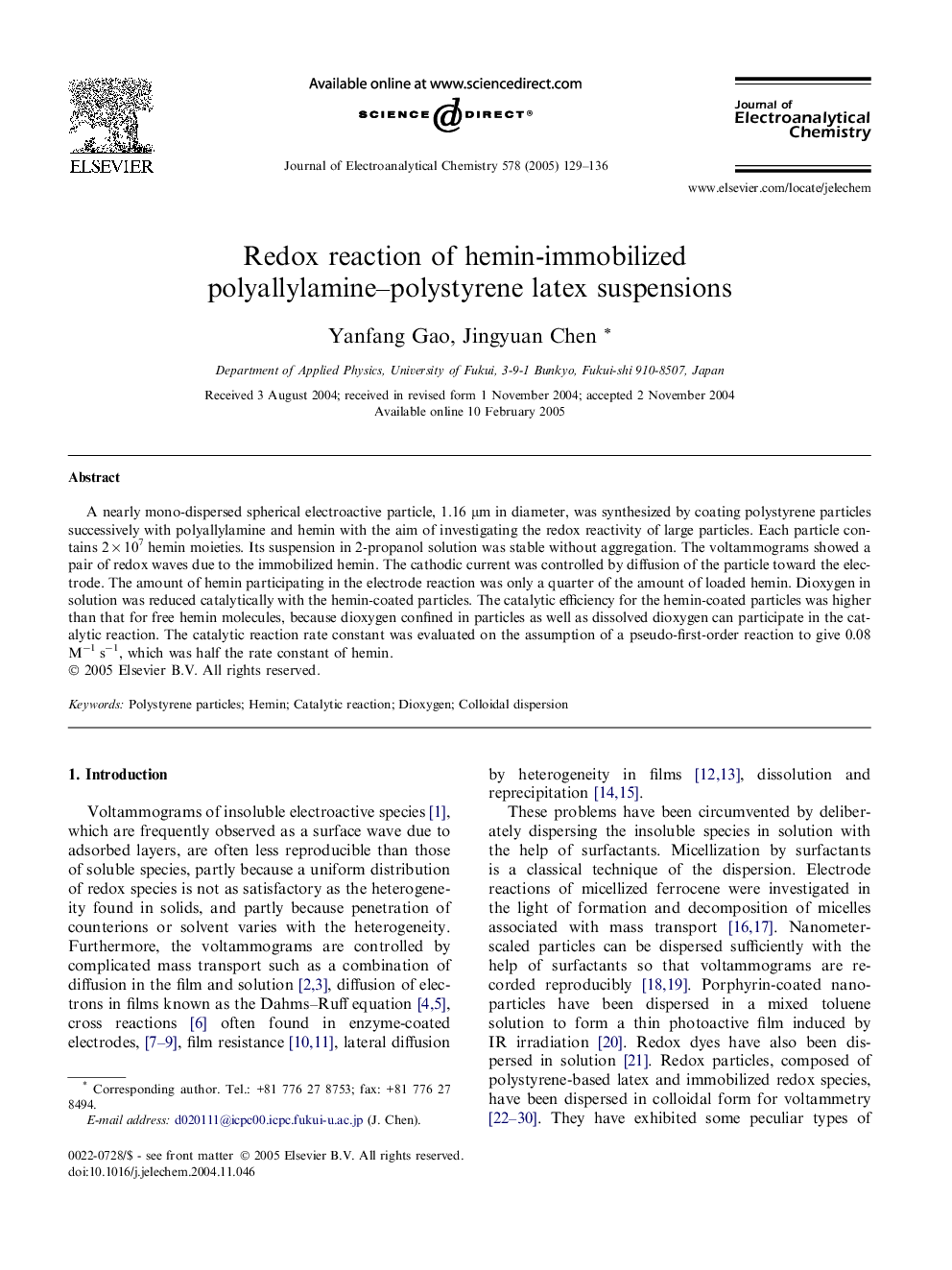 Redox reaction of hemin-immobilized polyallylamine-polystyrene latex suspensions