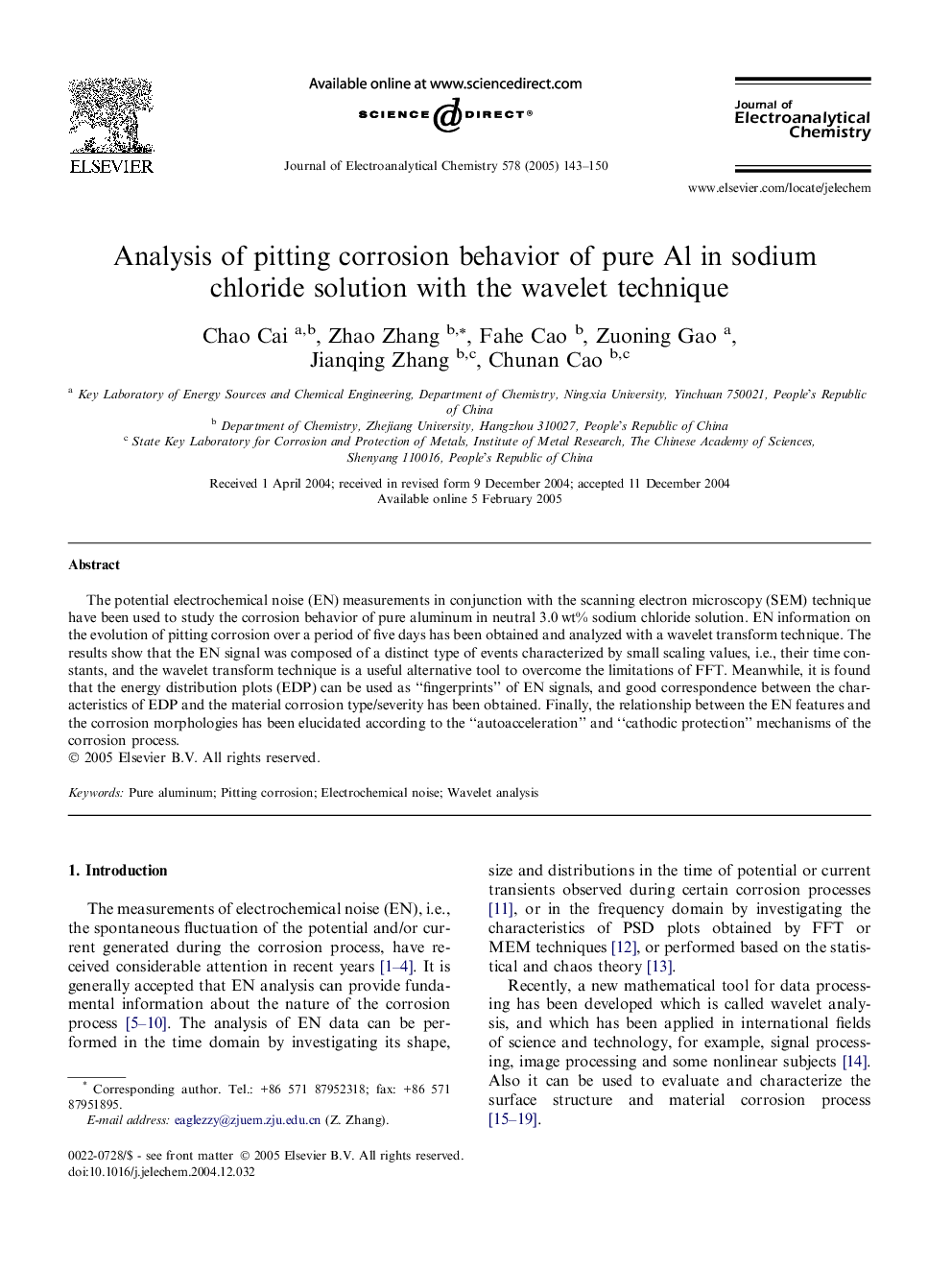 Analysis of pitting corrosion behavior of pure Al in sodium chloride solution with the wavelet technique