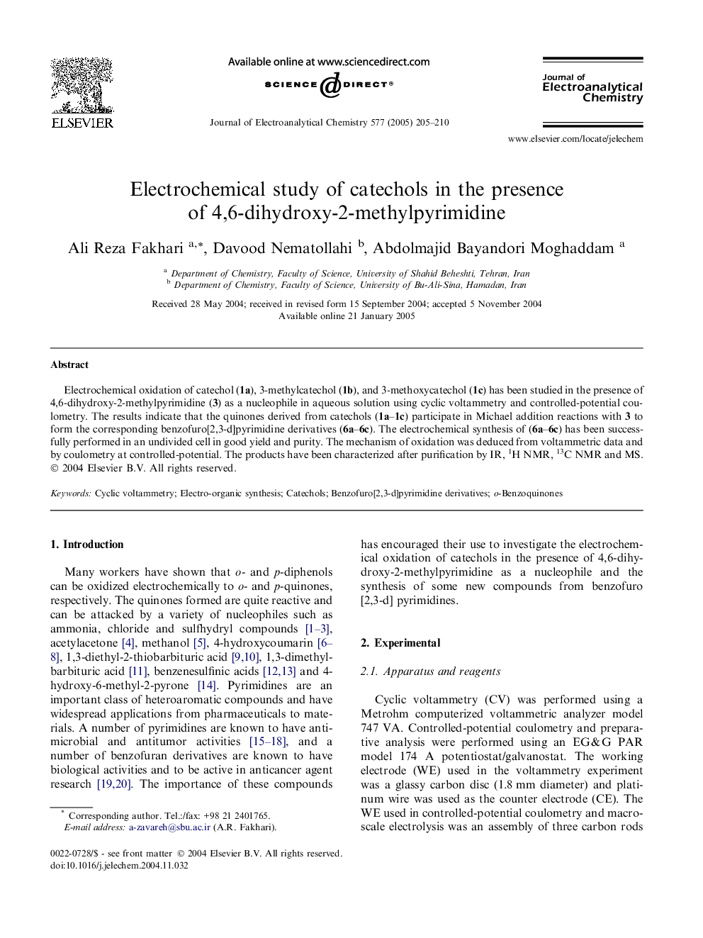 Electrochemical study of catechols in the presence of 4,6-dihydroxy-2-methylpyrimidine