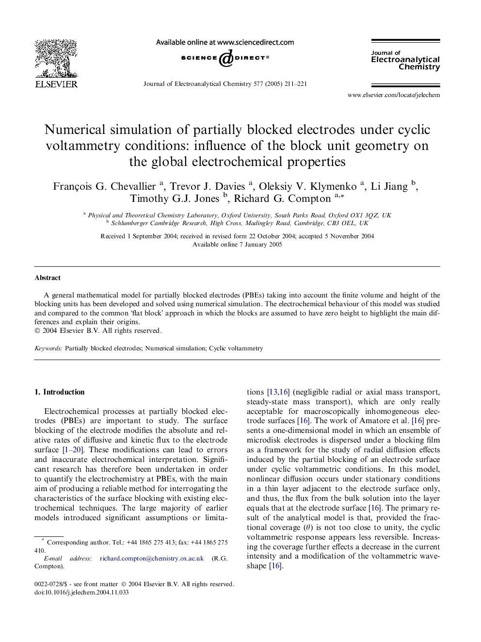 Numerical simulation of partially blocked electrodes under cyclic voltammetry conditions: influence of the block unit geometry on the global electrochemical properties