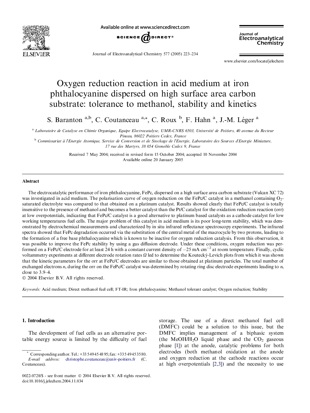 Oxygen reduction reaction in acid medium at iron phthalocyanine dispersed on high surface area carbon substrate: tolerance to methanol, stability and kinetics