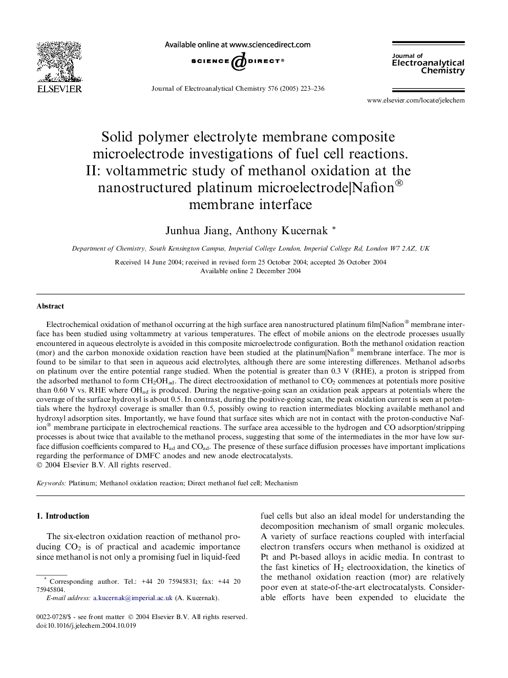 Solid polymer electrolyte membrane composite microelectrode investigations of fuel cell reactions. II: voltammetric study of methanol oxidation at the nanostructured platinum microelectrode|Nafion® membrane interface