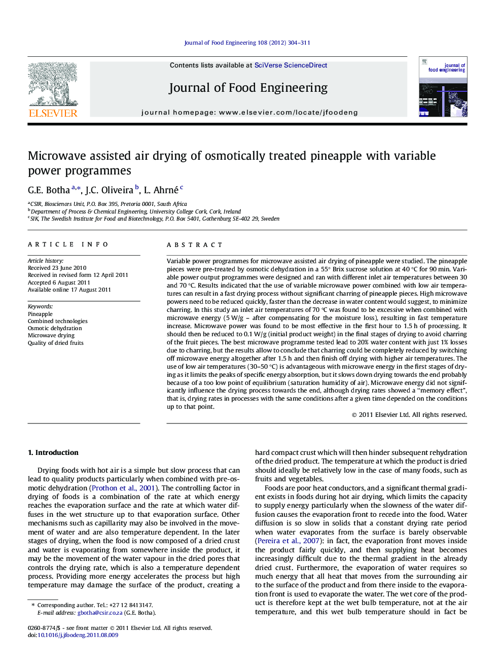 Microwave assisted air drying of osmotically treated pineapple with variable power programmes