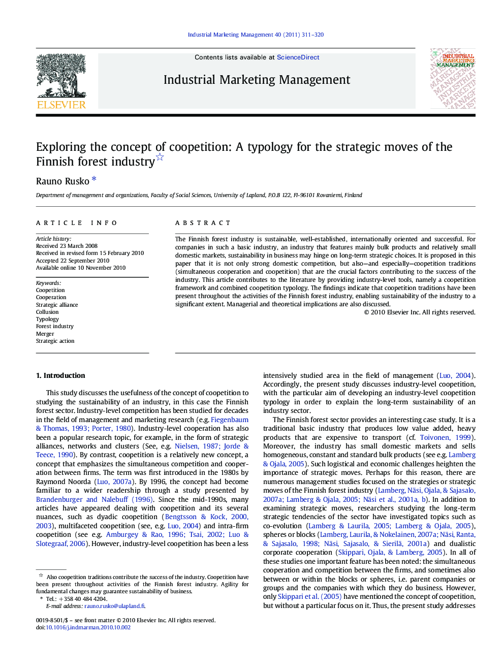 Exploring the concept of coopetition: A typology for the strategic moves of the Finnish forest industry 