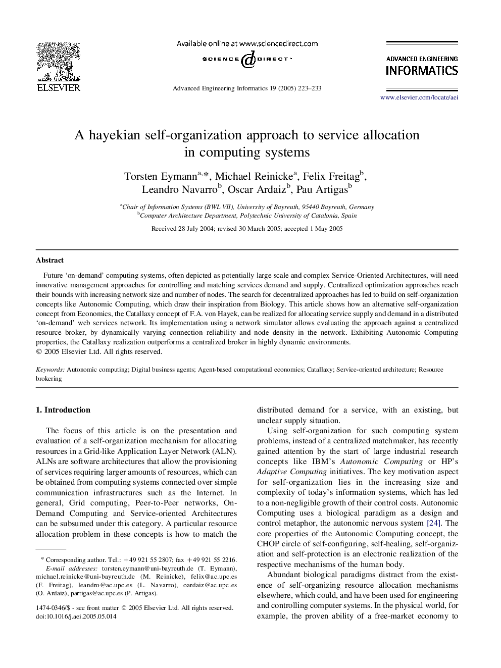 A hayekian self-organization approach to service allocation in computing systems
