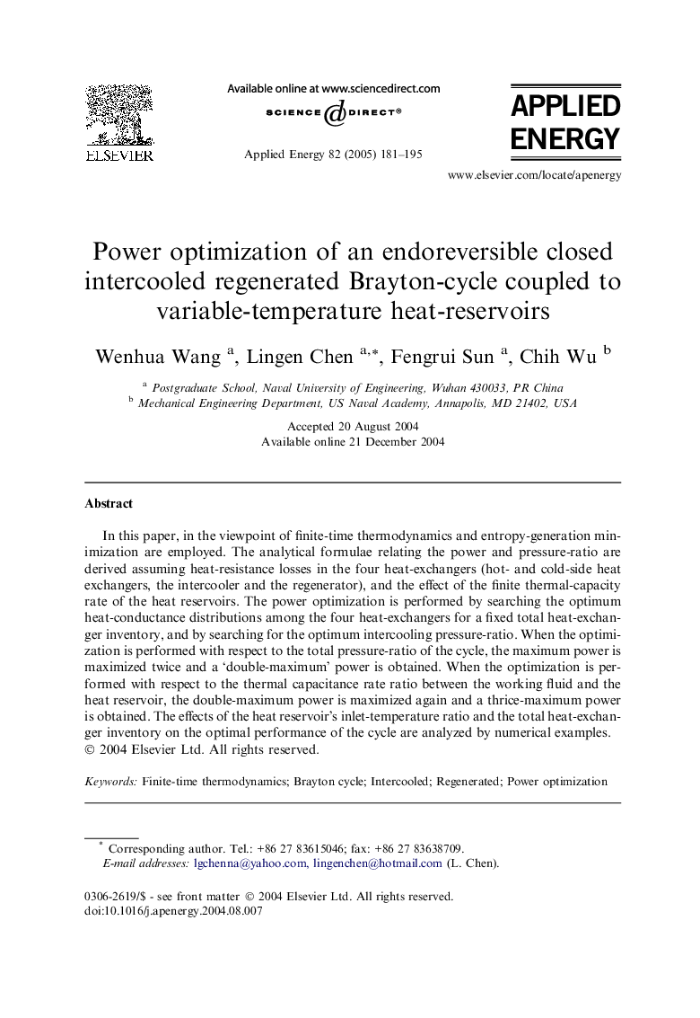 Power optimization of an endoreversible closed intercooled regenerated Brayton-cycle coupled to variable-temperature heat-reservoirs