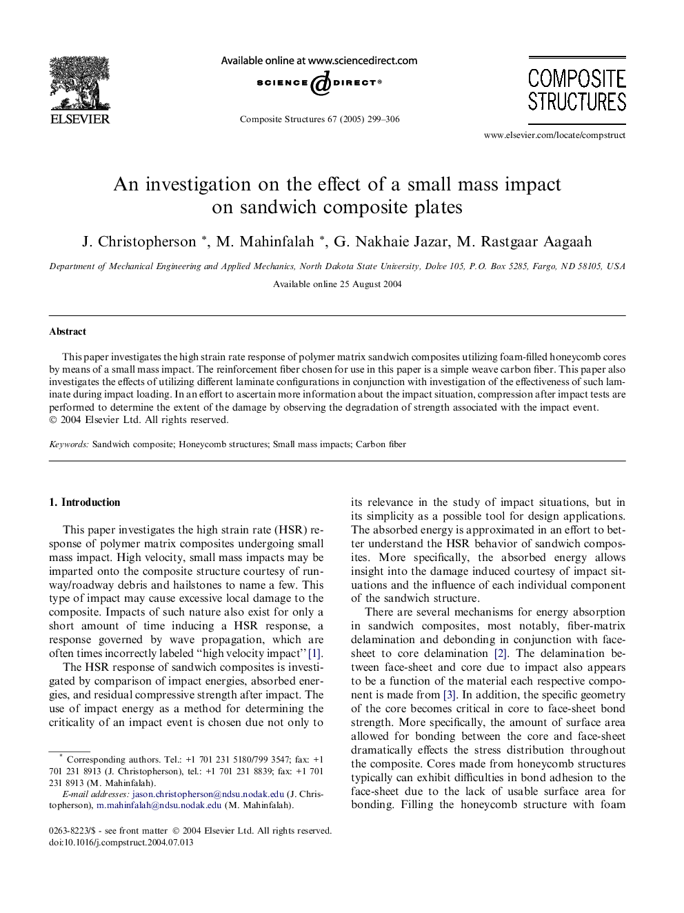 An investigation on the effect of a small mass impact on sandwich composite plates