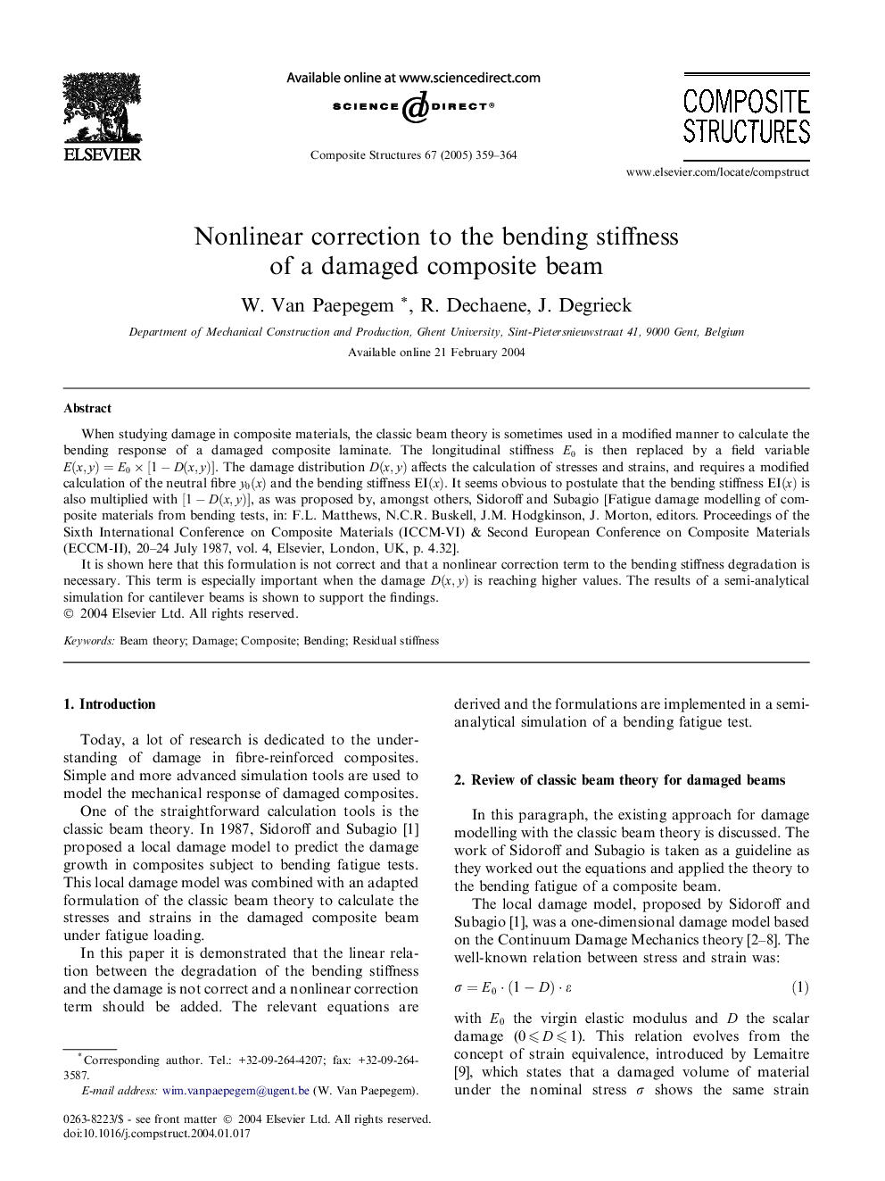 Nonlinear correction to the bending stiffness of a damaged composite beam