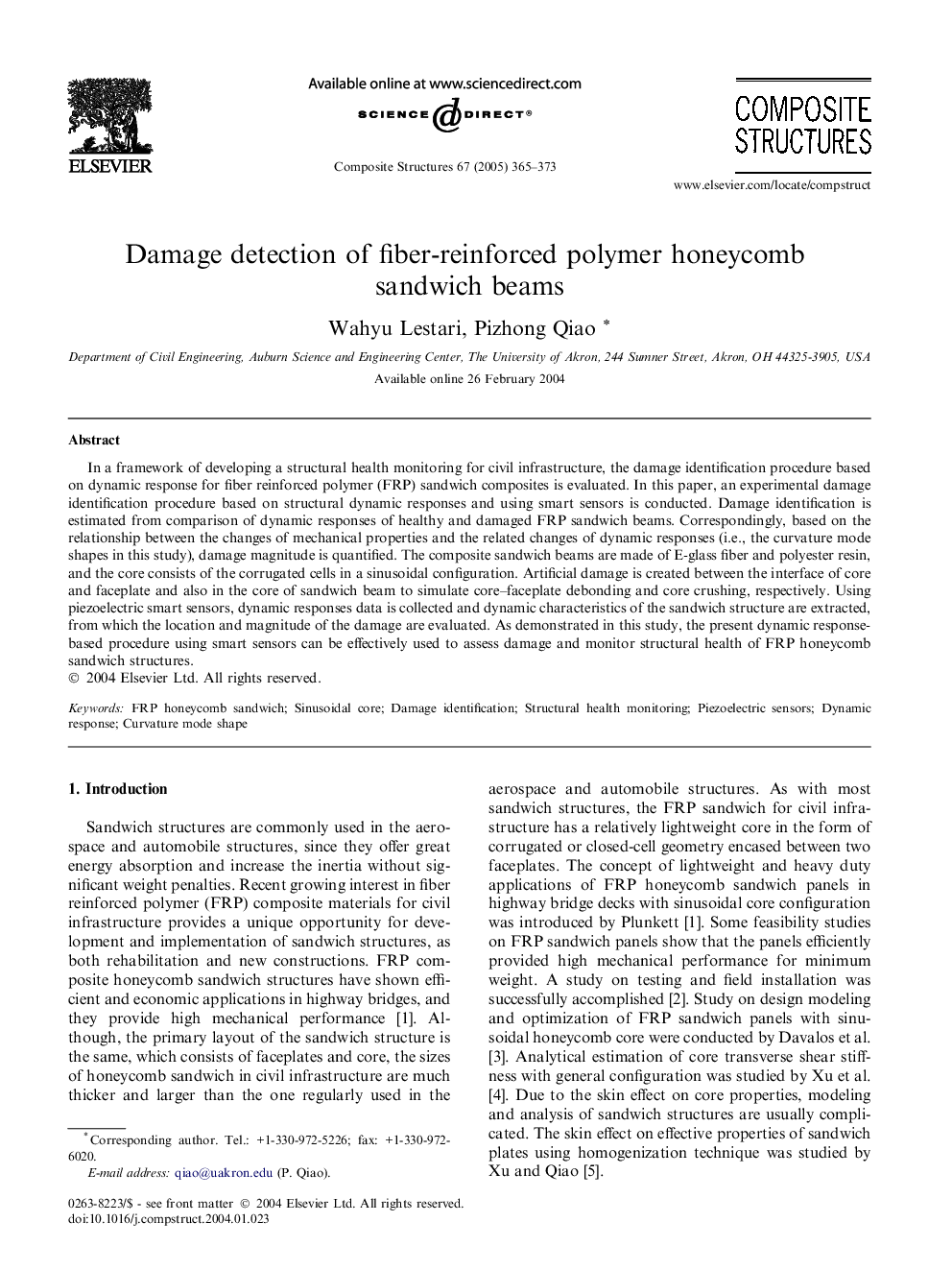 Damage detection of fiber-reinforced polymer honeycomb sandwich beams