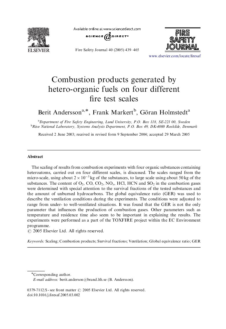 Combustion products generated by hetero-organic fuels on four different fire test scales