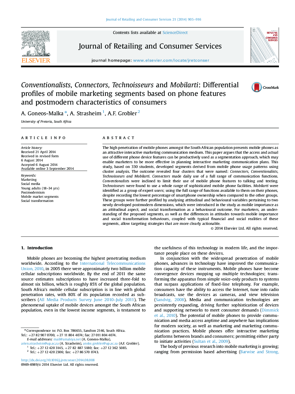 Conventionalists, Connectors, Technoisseurs and Mobilarti: Differential profiles of mobile marketing segments based on phone features and postmodern characteristics of consumers