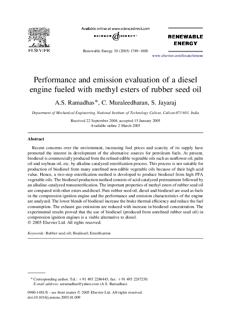 Performance and emission evaluation of a diesel engine fueled with methyl esters of rubber seed oil