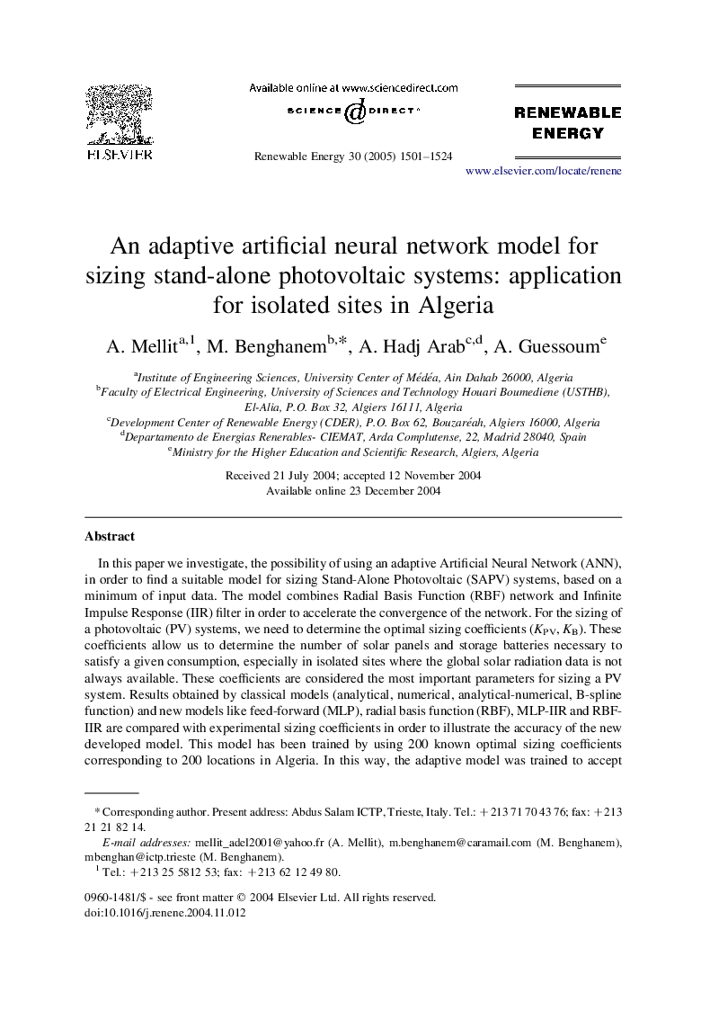 An adaptive artificial neural network model for sizing stand-alone photovoltaic systems: application for isolated sites in Algeria