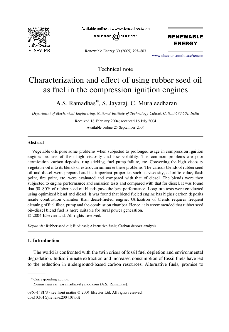 Characterization and effect of using rubber seed oil as fuel in the compression ignition engines