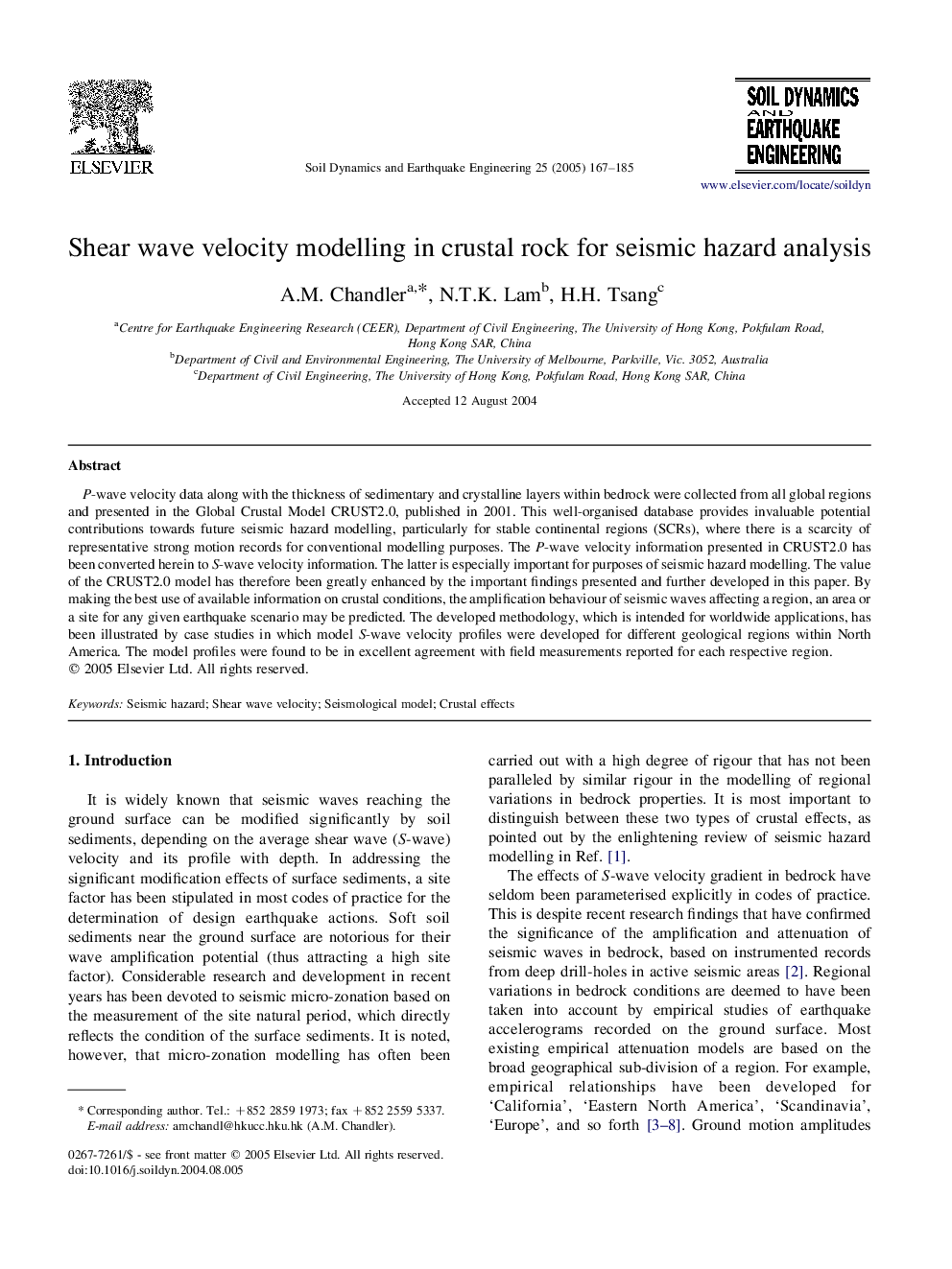 Shear wave velocity modelling in crustal rock for seismic hazard analysis