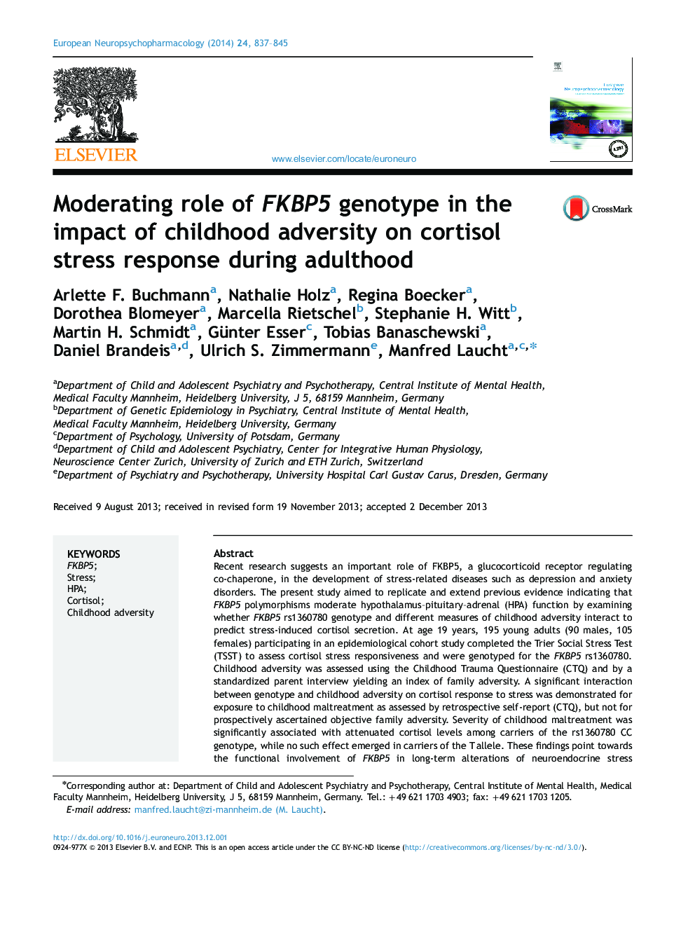 Moderating role of FKBP5 genotype in the impact of childhood adversity on cortisol stress response during adulthood