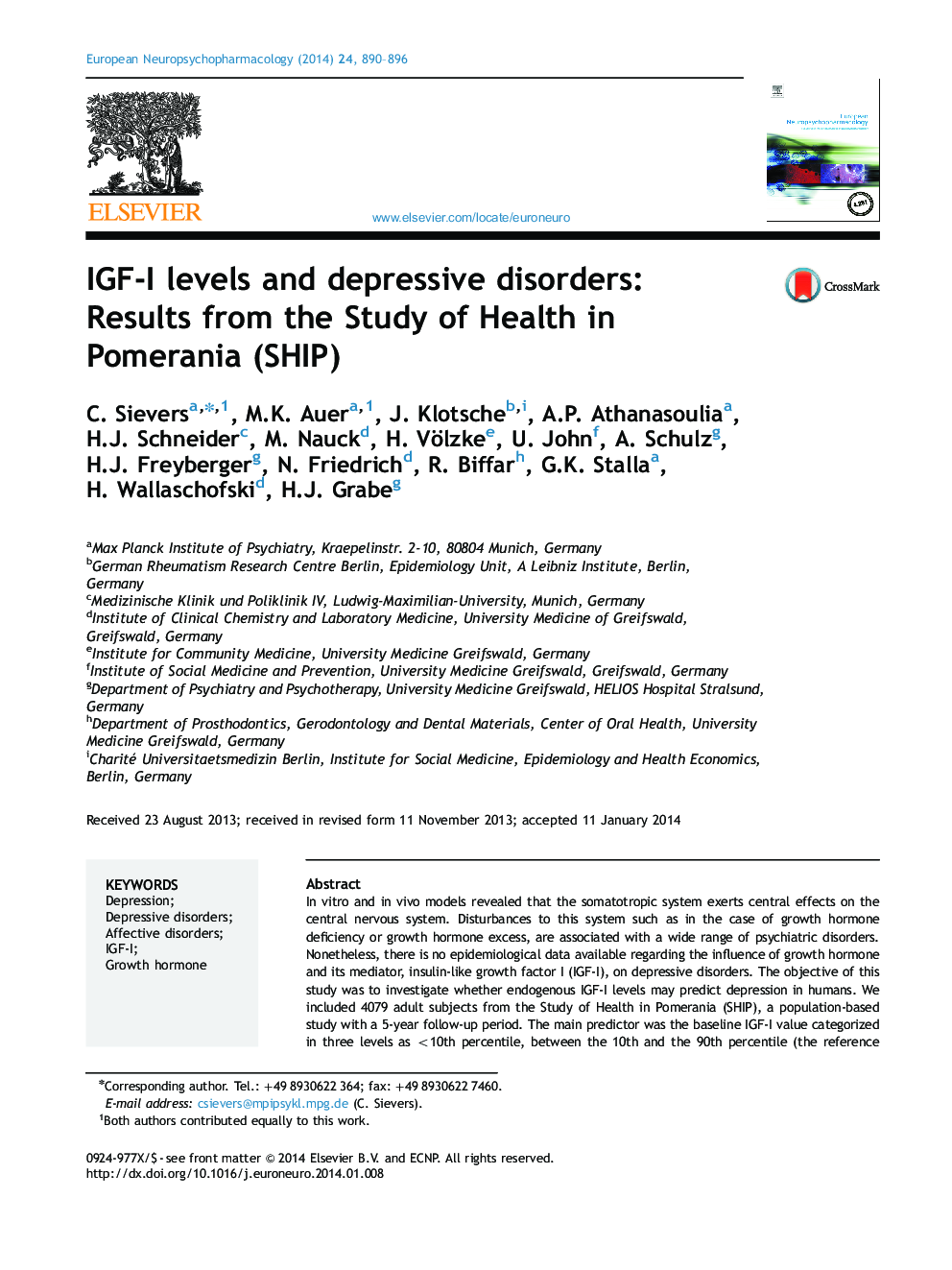 IGF-I levels and depressive disorders: Results from the Study of Health in Pomerania (SHIP)