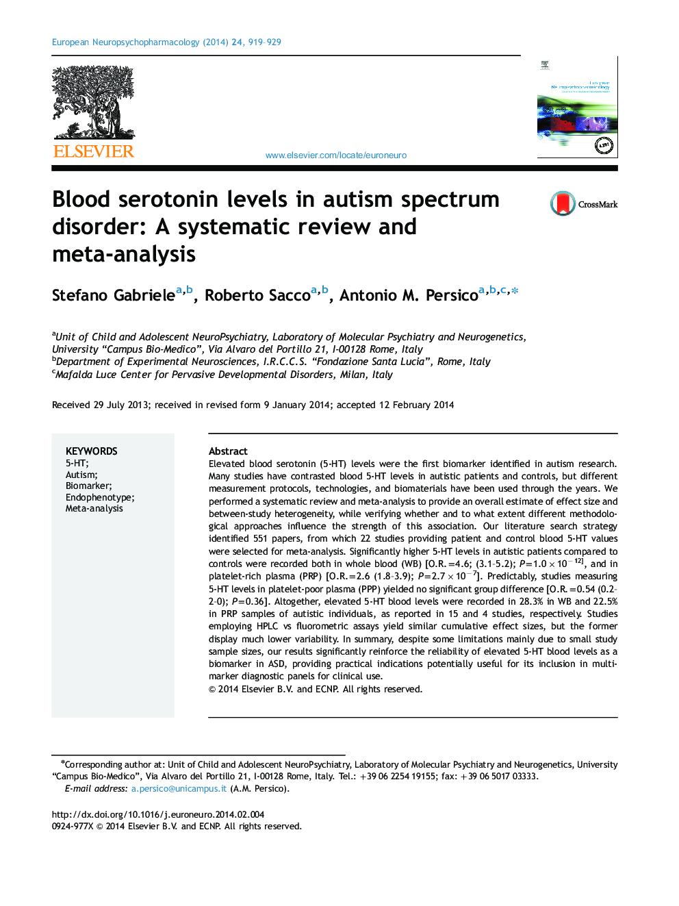 سطح سروتونین خون در اختلال طیف اوتیسم: بررسی منظم و متاآنالیز 
