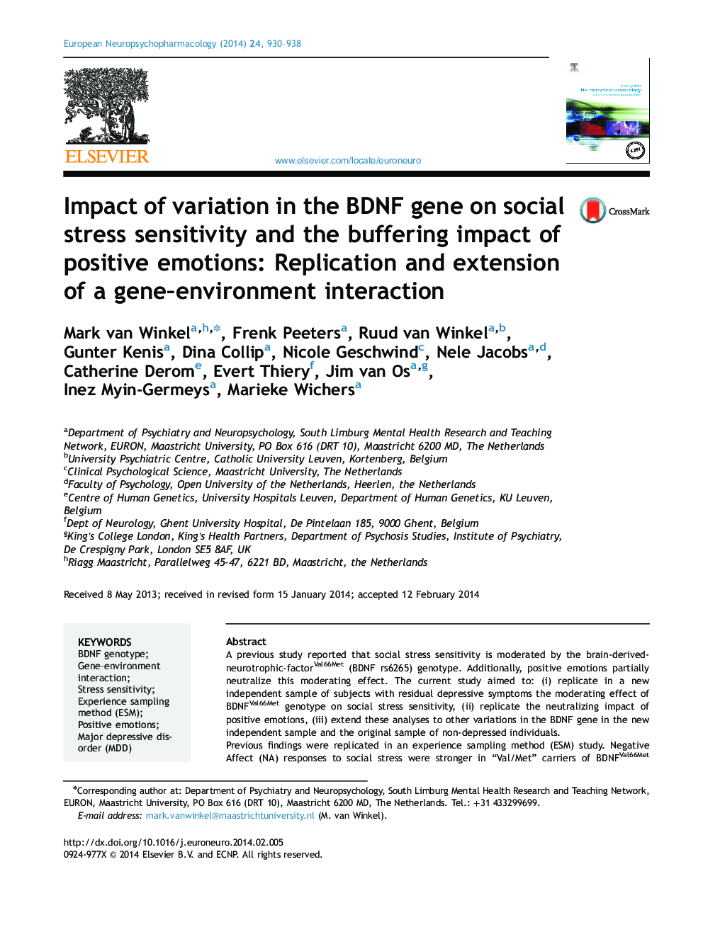 Impact of variation in the BDNF gene on social stress sensitivity and the buffering impact of positive emotions: Replication and extension of a gene-environment interaction