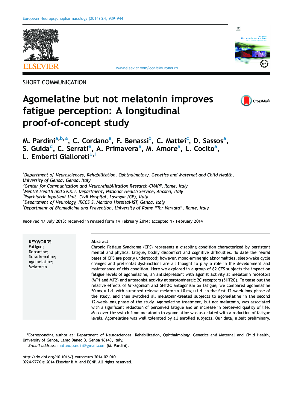 Agomelatine but not melatonin improves fatigue perception: A longitudinal proof-of-concept study