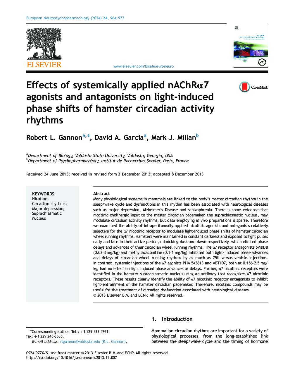 Effects of systemically applied nAChRÎ±7 agonists and antagonists on light-induced phase shifts of hamster circadian activity rhythms