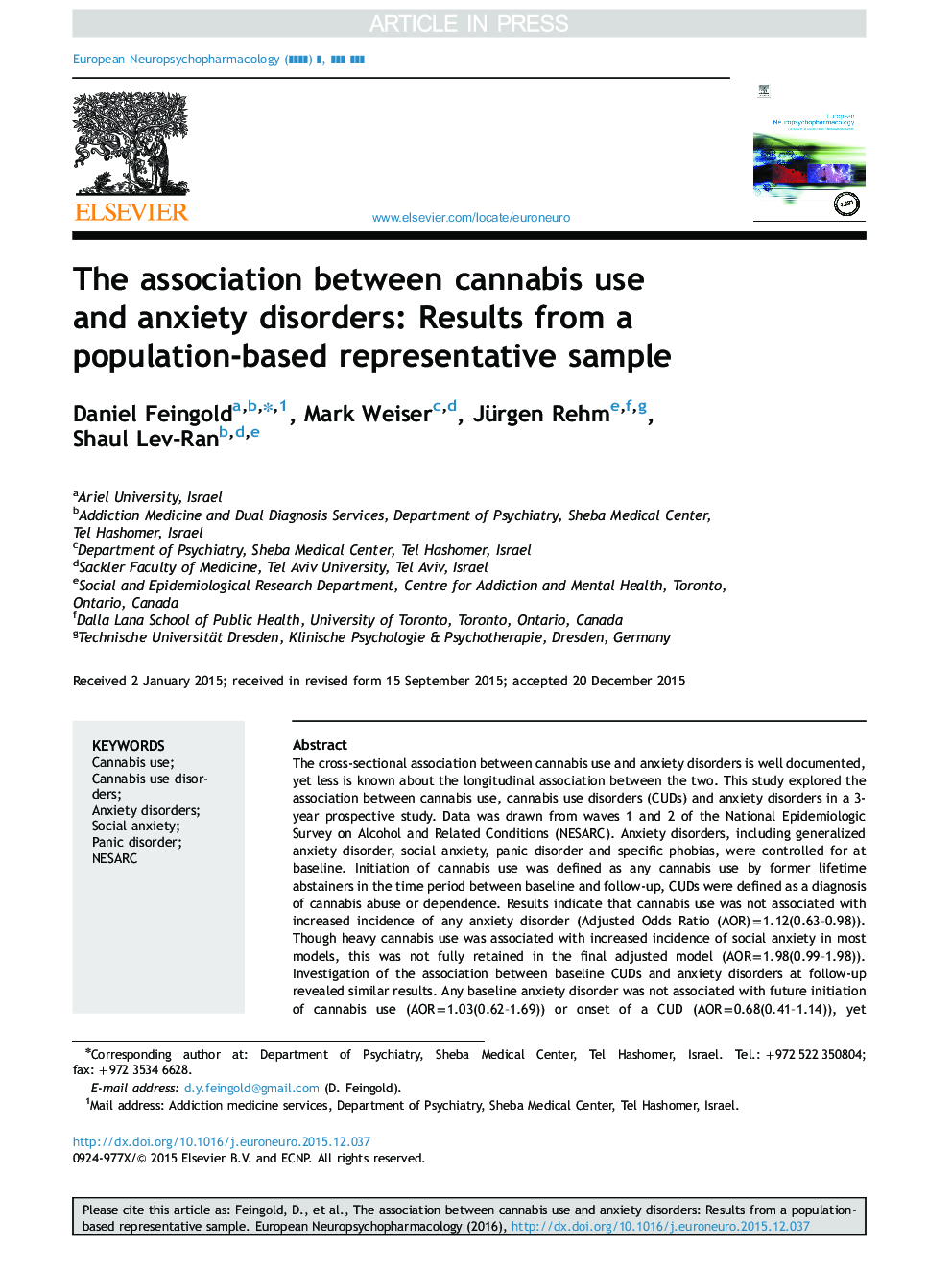 ارتباط بین مصرف کانابیس و اختلالات اضطرابی: نتایج نمونه ای مبتنی بر جمعیت 