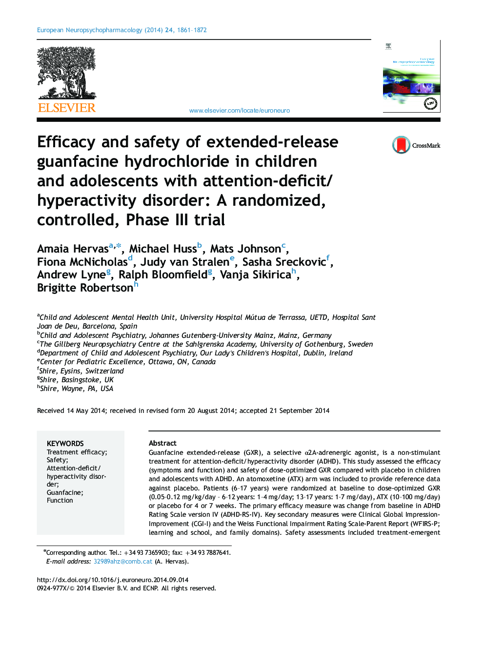 Efficacy and safety of extended-release guanfacine hydrochloride in children and adolescents with attention-deficit/hyperactivity disorder: A randomized, controlled, Phase III trial