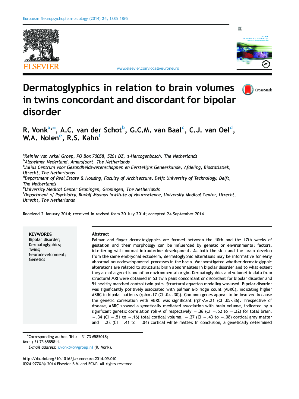 Dermatoglyphics in relation to brain volumes in twins concordant and discordant for bipolar disorder
