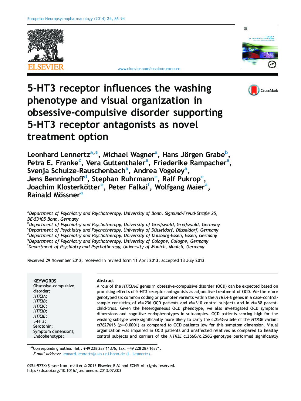 5-HT3 receptor influences the washing phenotype and visual organization in obsessive-compulsive disorder supporting 5-HT3 receptor antagonists as novel treatment option