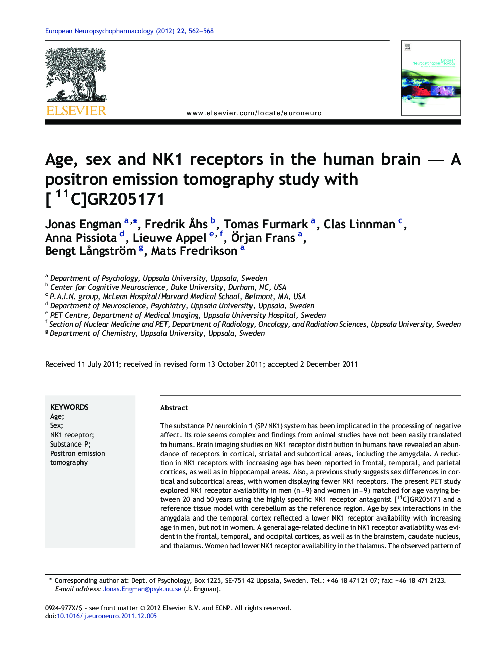 Age, sex and NK1 receptors in the human brain - A positron emission tomography study with [11C]GR205171