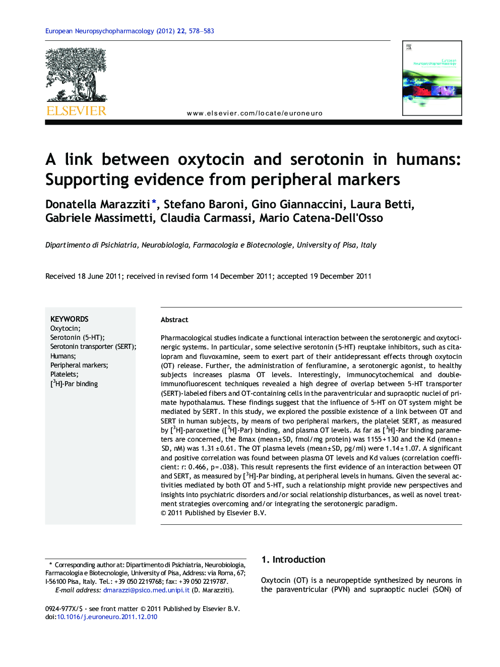 A link between oxytocin and serotonin in humans: Supporting evidence from peripheral markers