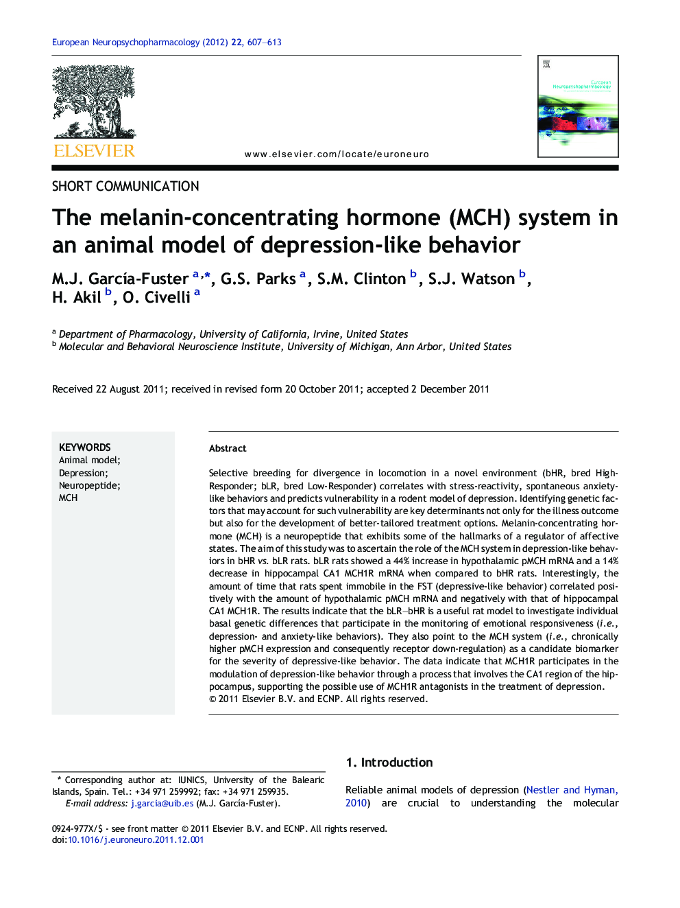 The melanin-concentrating hormone (MCH) system in an animal model of depression-like behavior
