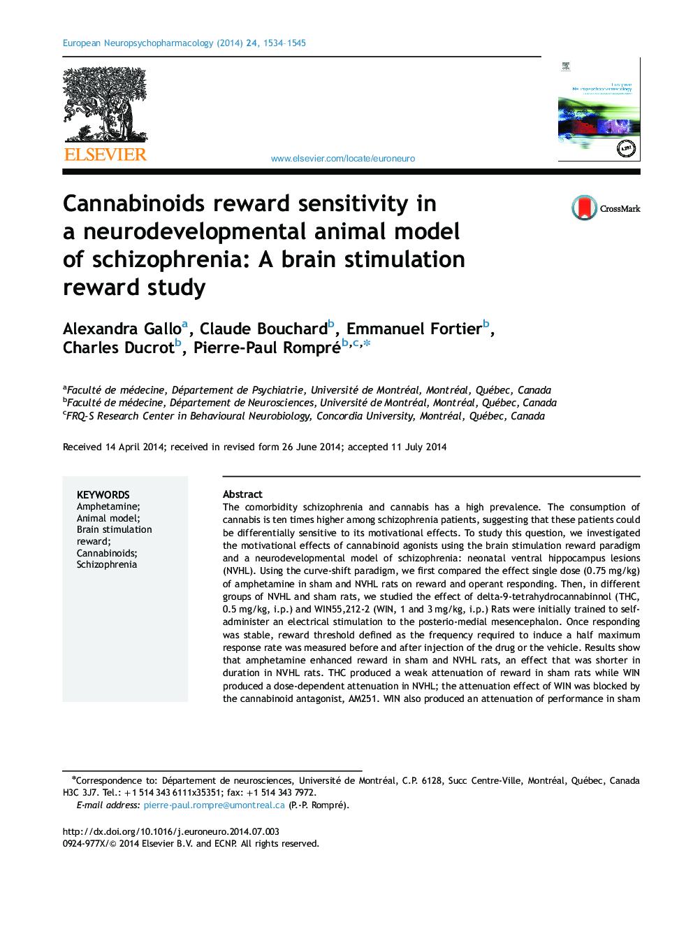کانابینوئید ها در یک مدل حیوانی عصبی توسعه اسکیزوفرنی پاداش حساسیت: مطالعه پاداش تحریک مغز 