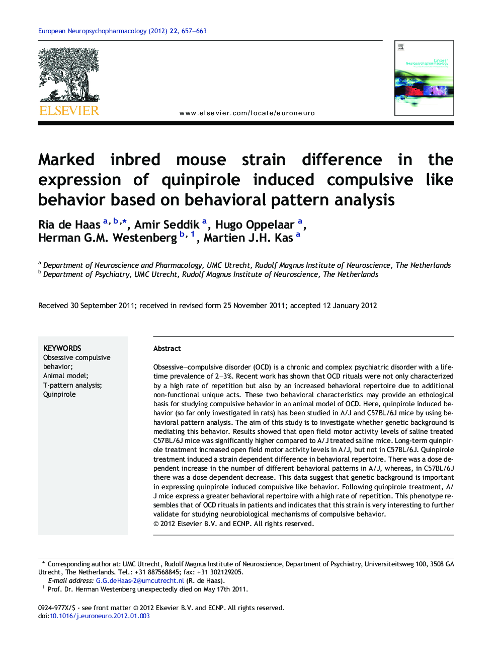 Marked inbred mouse strain difference in the expression of quinpirole induced compulsive like behavior based on behavioral pattern analysis