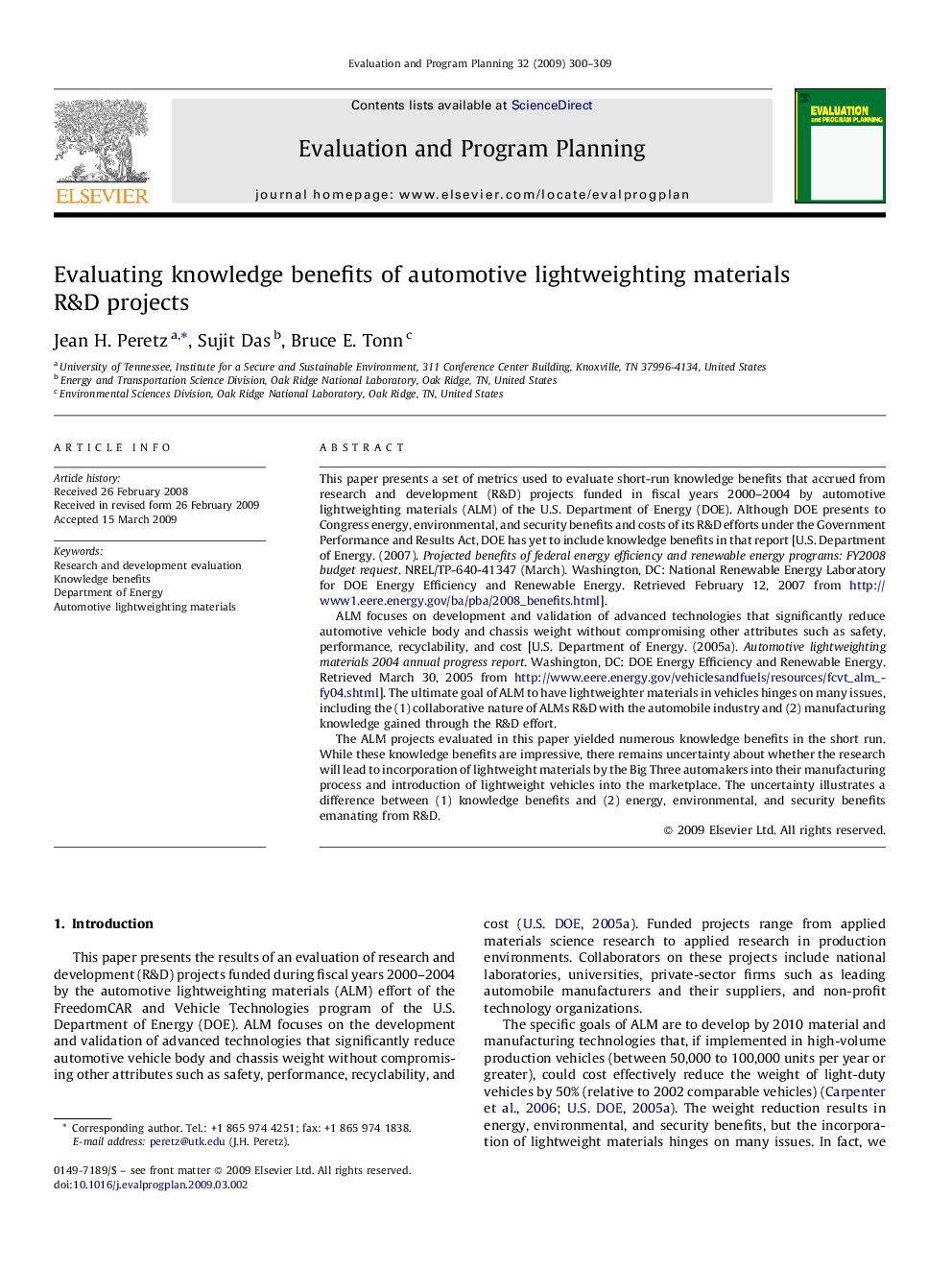 Evaluating knowledge benefits of automotive lightweighting materials R&D projects