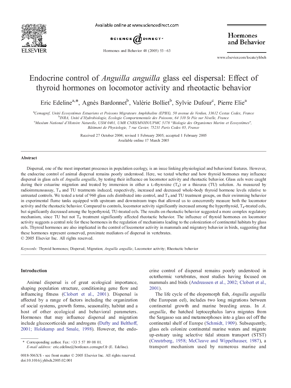 Endocrine control of Anguilla anguilla glass eel dispersal: Effect of thyroid hormones on locomotor activity and rheotactic behavior