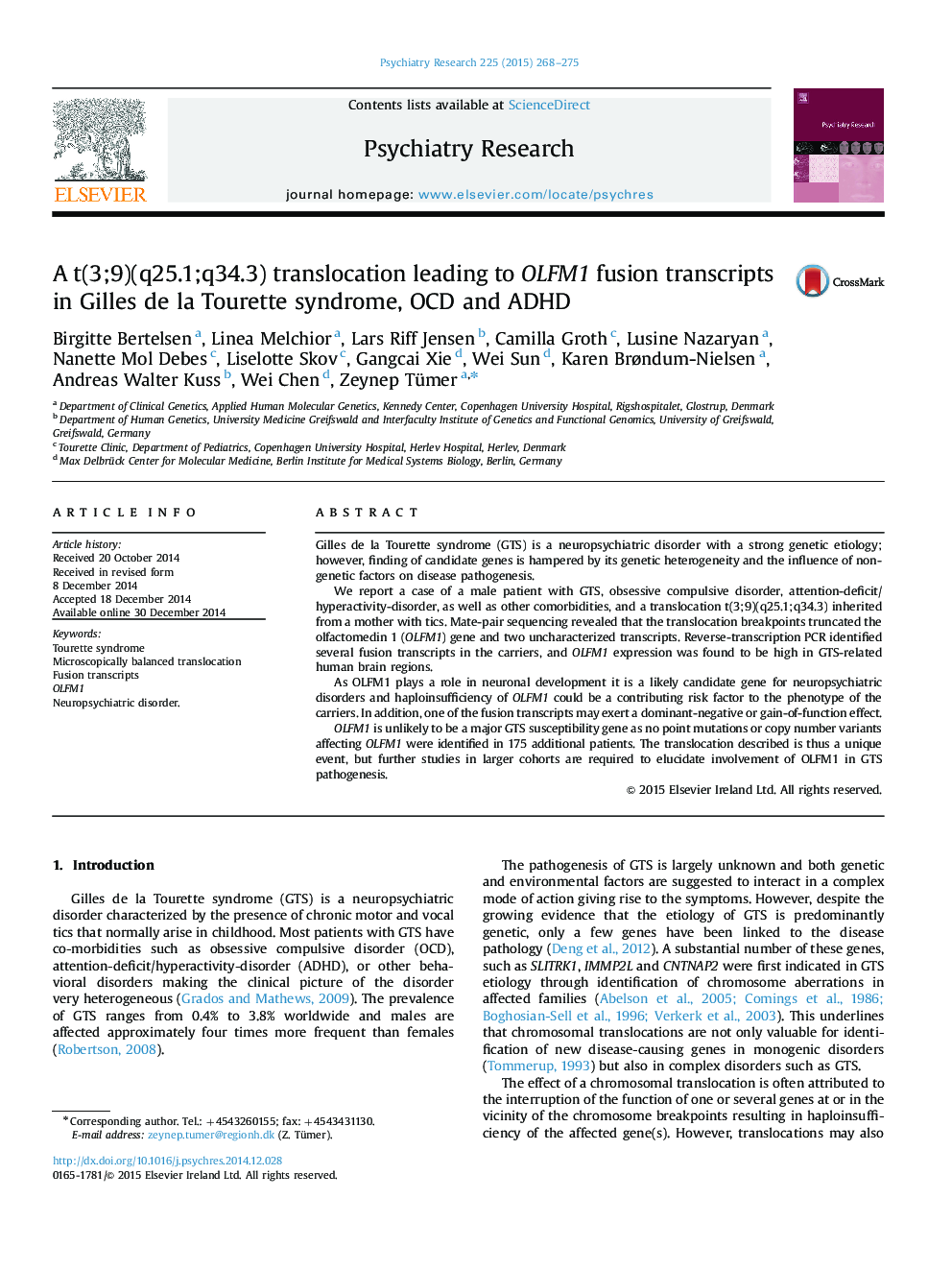 A t(3;9)(q25.1;q34.3) translocation leading to OLFM1 fusion transcripts in Gilles de la Tourette syndrome, OCD and ADHD