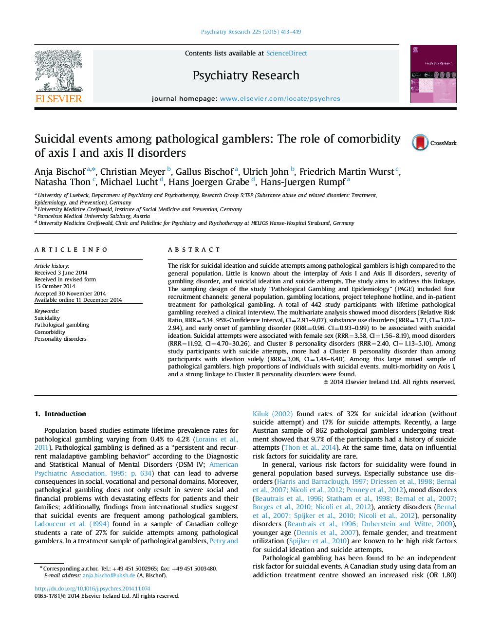 Suicidal events among pathological gamblers: The role of comorbidity of axis I and axis II disorders