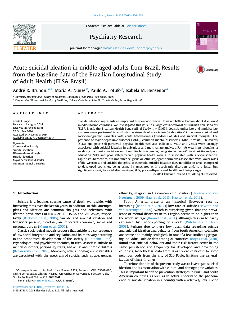 Acute suicidal ideation in middle-aged adults from Brazil. Results from the baseline data of the Brazilian Longitudinal Study of Adult Health (ELSA-Brasil)