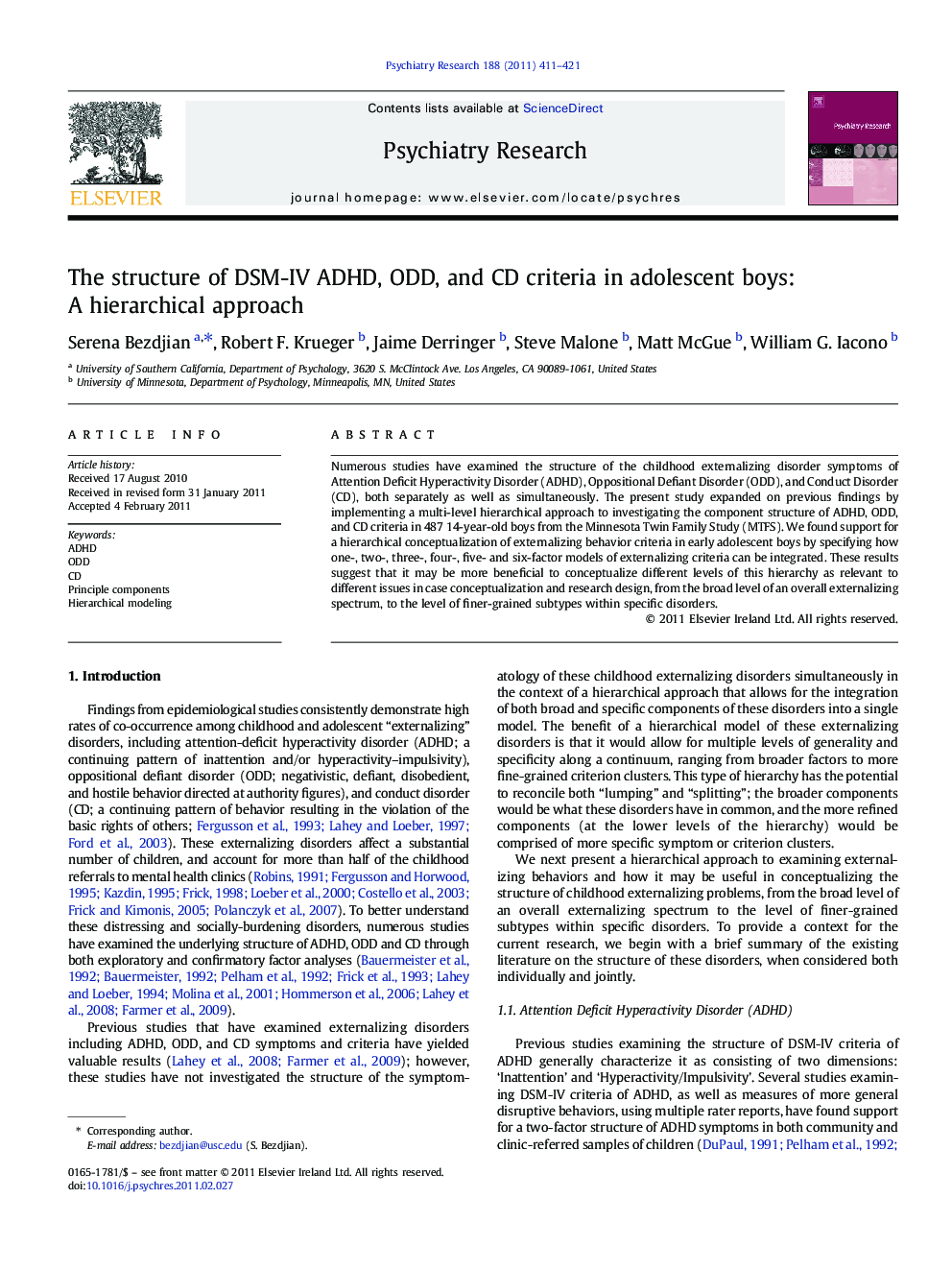 The structure of DSM-IV ADHD, ODD, and CD criteria in adolescent boys: A hierarchical approach