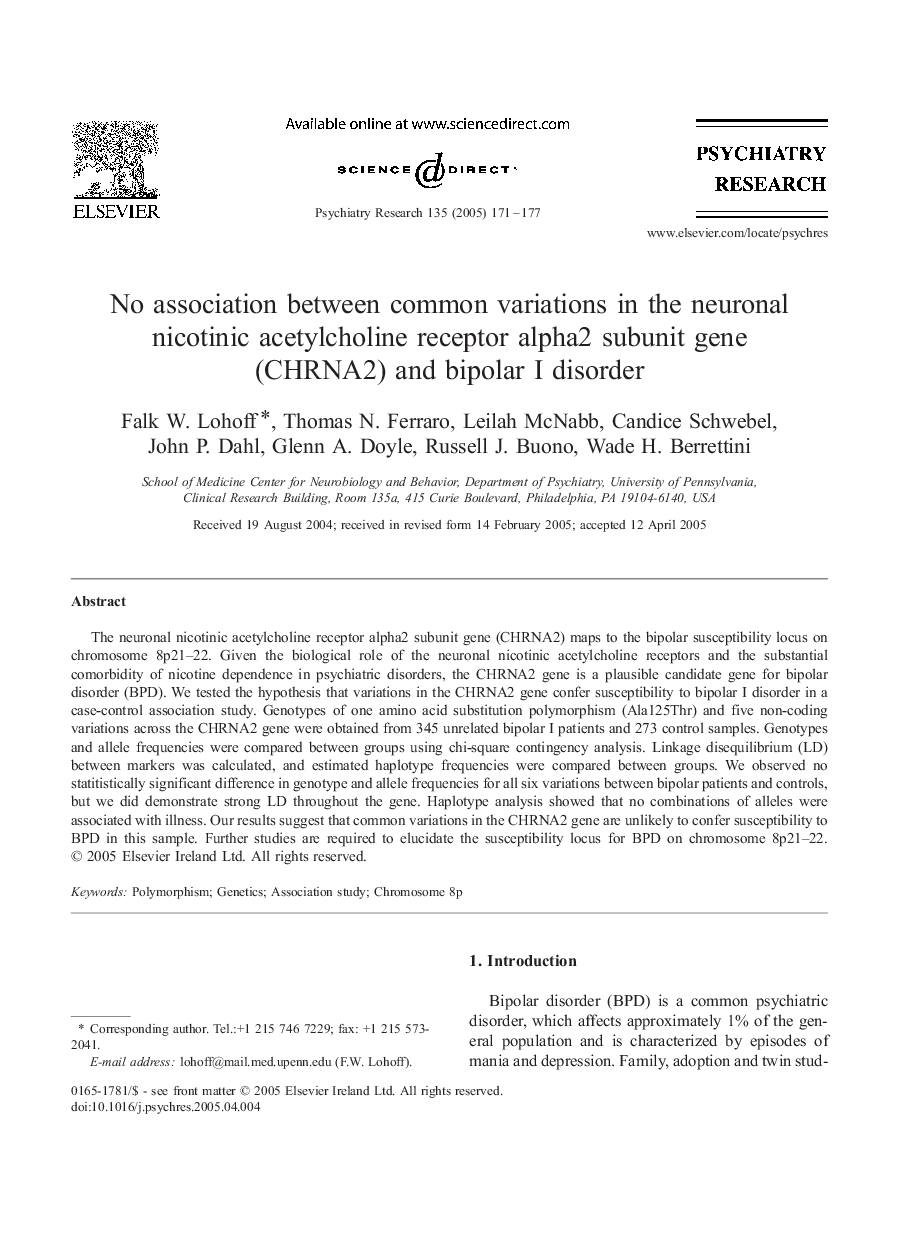 No association between common variations in the neuronal nicotinic acetylcholine receptor alpha2 subunit gene (CHRNA2) and bipolar I disorder