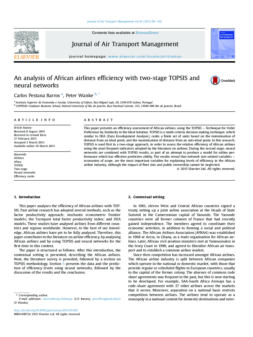 An analysis of African airlines efficiency with two-stage TOPSIS and neural networks