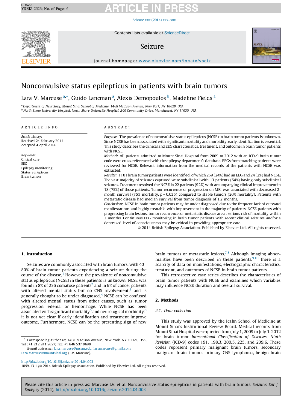 Nonconvulsive status epilepticus in patients with brain tumors