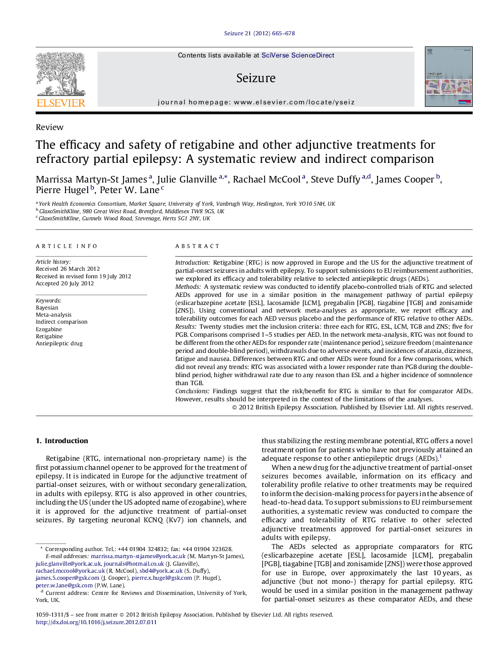 The efficacy and safety of retigabine and other adjunctive treatments for refractory partial epilepsy: A systematic review and indirect comparison