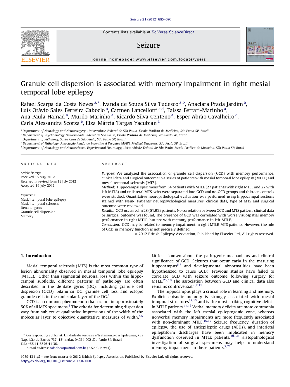 Granule cell dispersion is associated with memory impairment in right mesial temporal lobe epilepsy