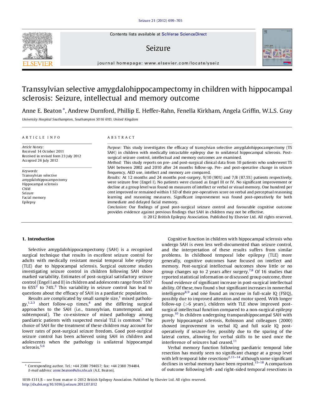 Transsylvian selective amygdalohippocampectomy in children with hippocampal sclerosis: Seizure, intellectual and memory outcome