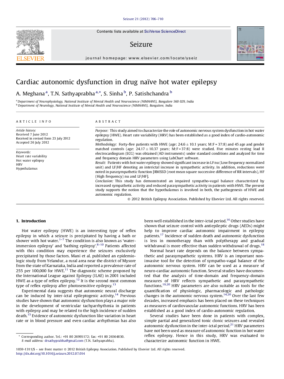 Cardiac autonomic dysfunction in drug naïve hot water epilepsy