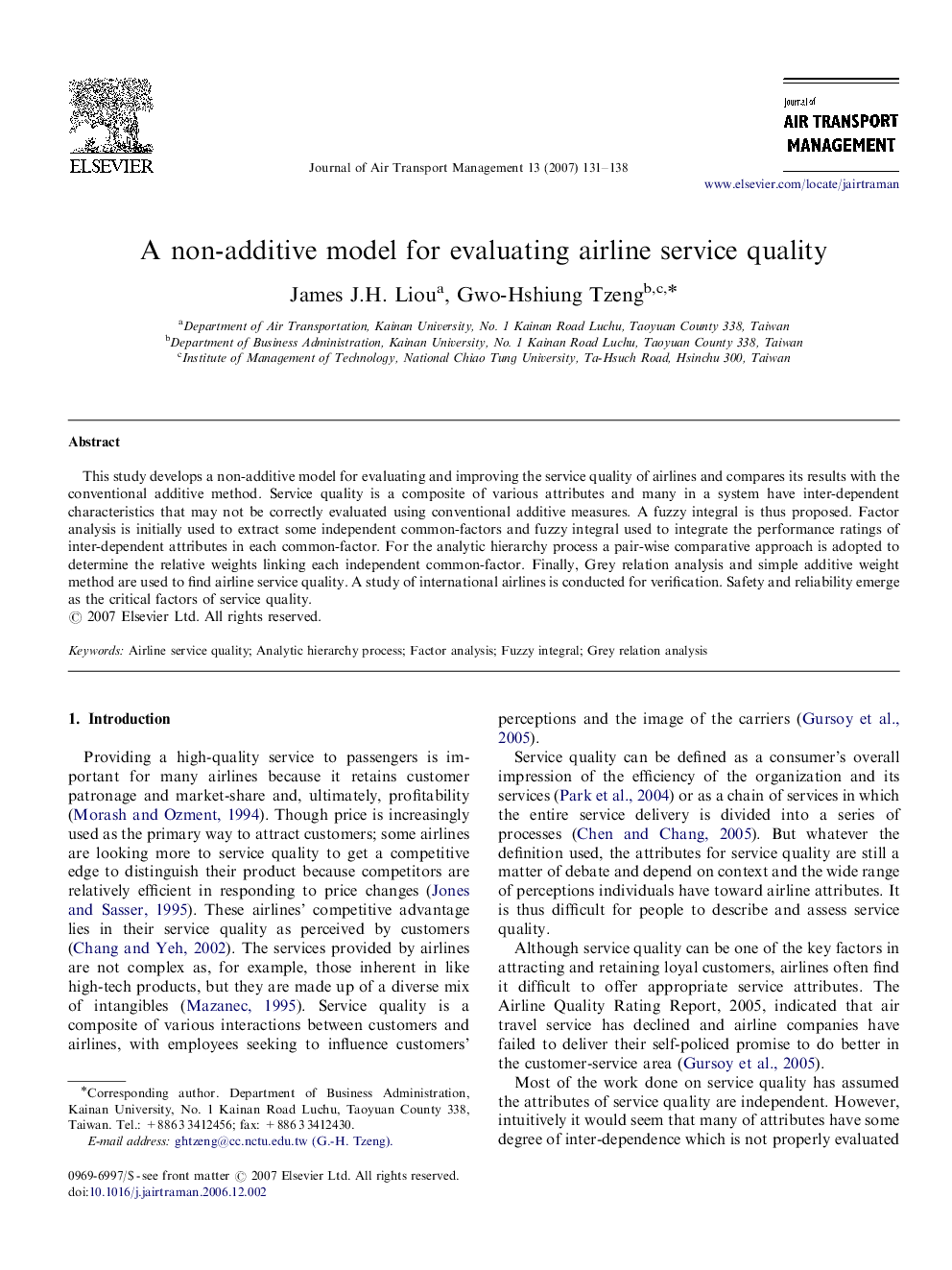 A non-additive model for evaluating airline service quality